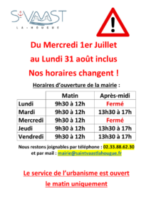 Horaires de la mairie du 01/07 au 31/08