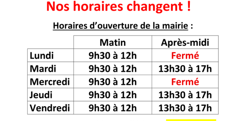Horaires de la mairie du 01/07 au 31/08